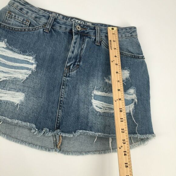 Vanilla Star Ripped Distressed Denim Mini Skirt Size 7 Womens Blue Jean Cut Off - Picture 4 of 6